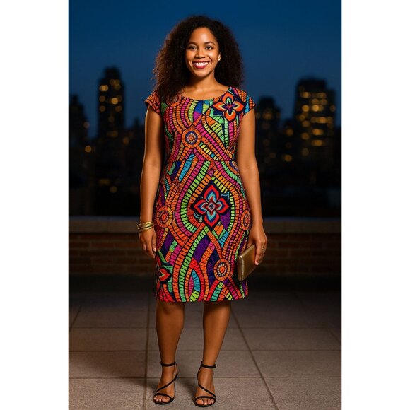 AGB Dress Multicolor Geometric Tribal Print Sheath Dress Size 12 Lined - Picture 3 of 16